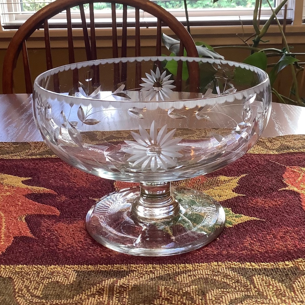 Vintage Crystal Etched Glass Compote Bowl